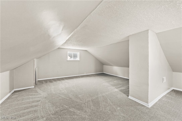 additional living space featuring a textured ceiling, lofted ceiling, and carpet