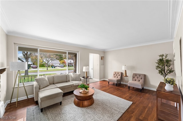 living room featuring ornamental molding and wood-type flooring