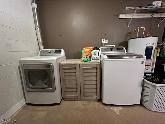 2886 Ossia Rd, Duck, WV 25063 - laundry room with washer and clothes dryer, electric water heater, and concrete block wall