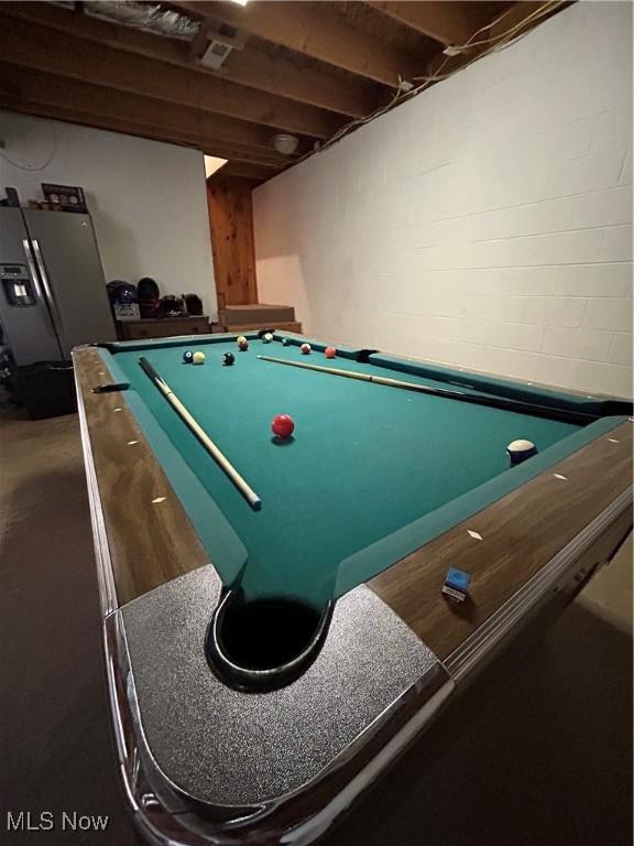 2886 Ossia Rd, Duck, WV 25063 - recreation room with billiards, concrete block wall, and concrete floors