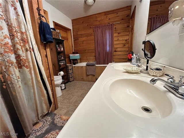 2886 Ossia Rd, Duck, WV 25063 - bathroom with wooden walls, toilet, and double vanity