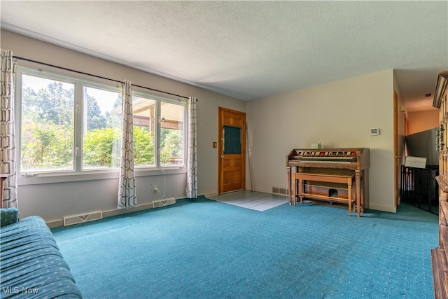 living area with a textured ceiling and light colored carpet