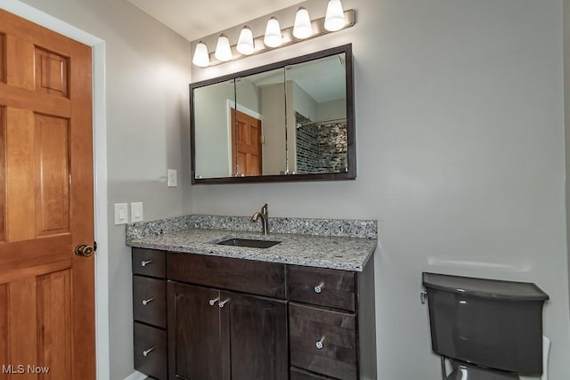 bathroom featuring curtained shower and vanity