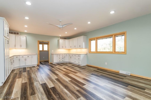 kitchen with dark hardwood / wood-style floors, ceiling fan, and white cabinetry