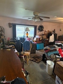 interior space with carpet flooring and ceiling fan