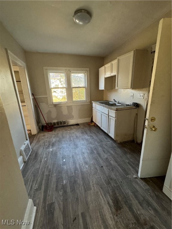 kitchen with white cabinets, sink, and dark hardwood / wood-style flooring