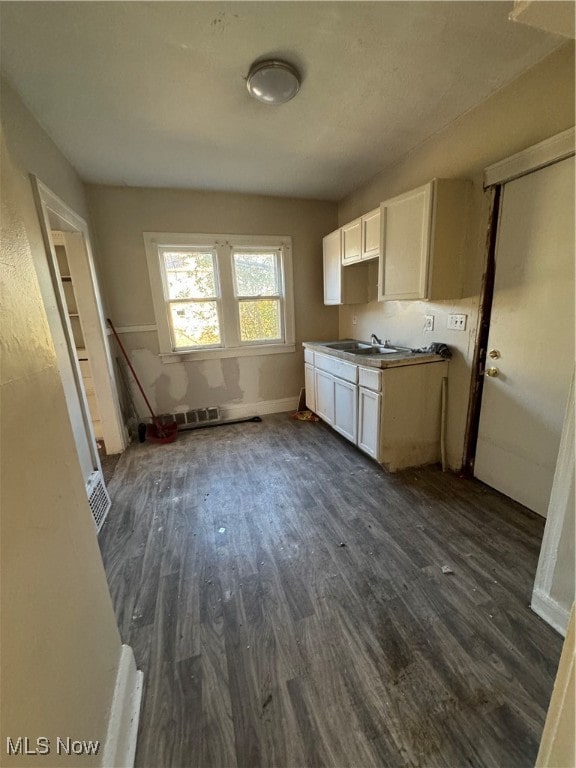 kitchen with dark wood-type flooring and white cabinetry