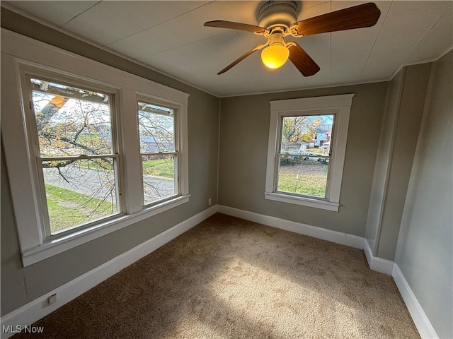 empty room featuring carpet flooring and ceiling fan