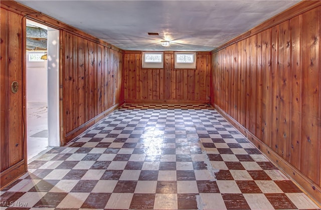 basement with wood walls and a healthy amount of sunlight