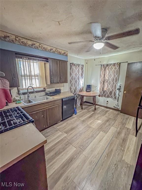 1330 W 18th St, Lorain, OH 44052 - kitchen featuring dishwasher, a sink, light wood-type flooring, a ceiling fan, and a textured ceiling
