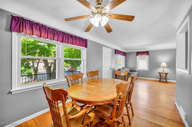 dining room with ceiling fan, light hardwood / wood-style floors, and a healthy amount of sunlight