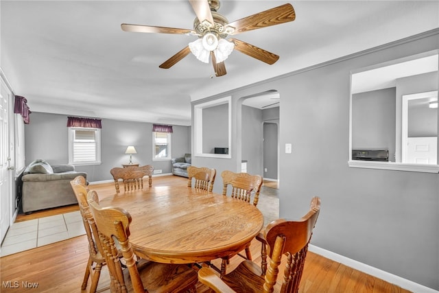 dining space featuring light hardwood / wood-style floors and ceiling fan