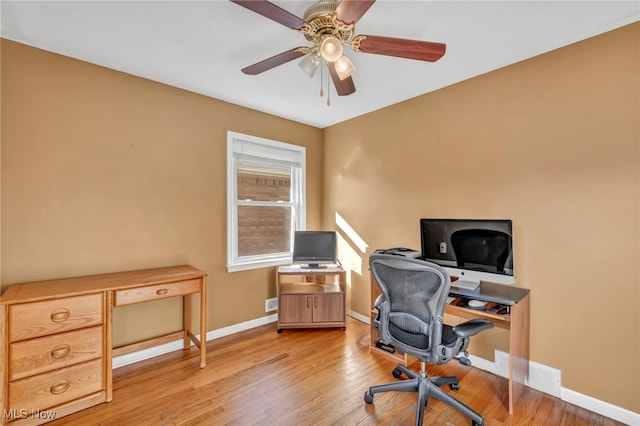 office space featuring light hardwood / wood-style floors and ceiling fan