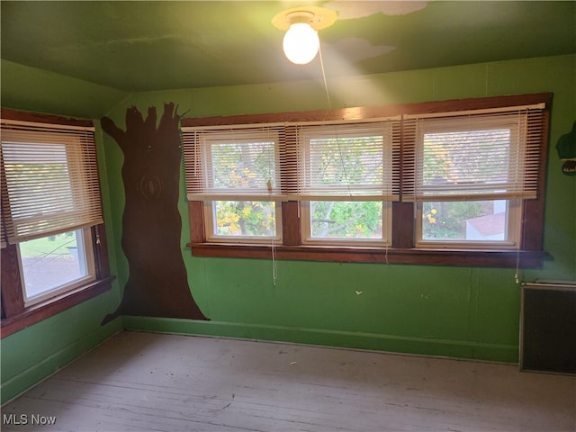 spare room featuring plenty of natural light, light hardwood / wood-style flooring, and lofted ceiling