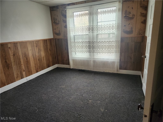 carpeted spare room with wooden walls