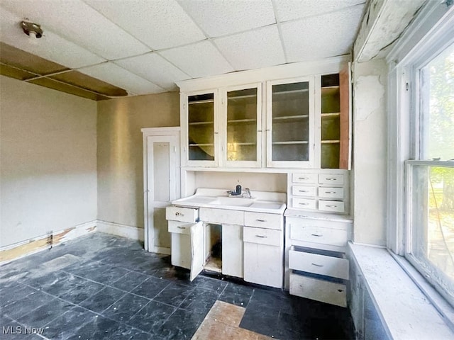 kitchen featuring white cabinetry, a drop ceiling, and sink