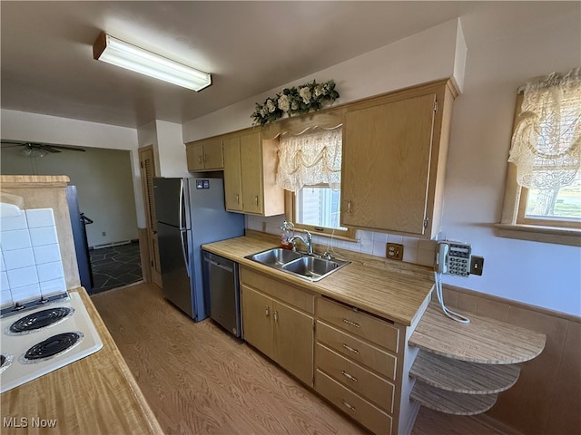 kitchen featuring plenty of natural light, light wood-type flooring, sink, and stainless steel appliances