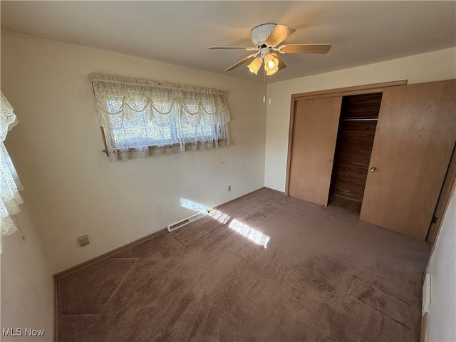 unfurnished bedroom featuring a closet, ceiling fan, and carpet floors