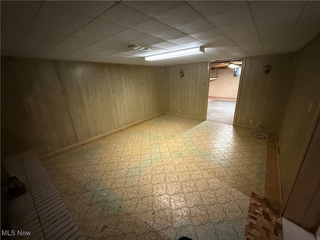 basement featuring wood walls