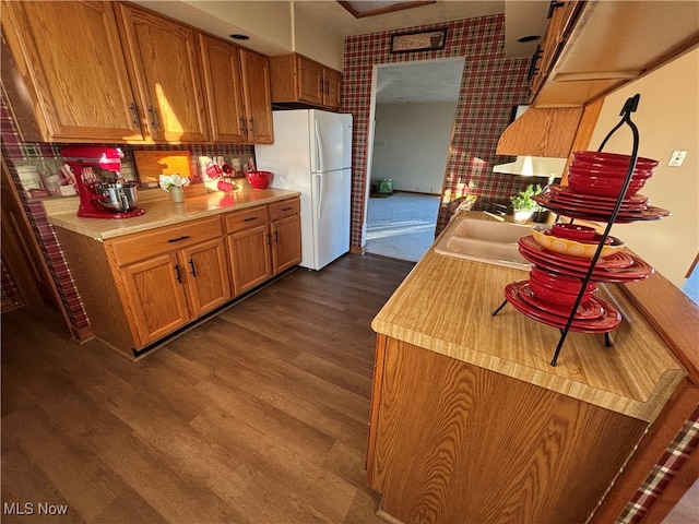 kitchen featuring dark hardwood / wood-style flooring, decorative backsplash, white refrigerator, and sink