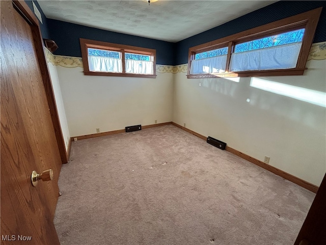 unfurnished room with light colored carpet and a textured ceiling