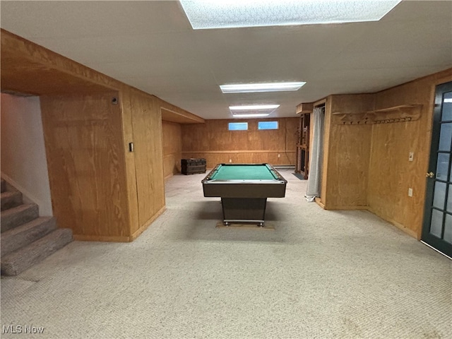 playroom featuring wood walls, light carpet, and billiards