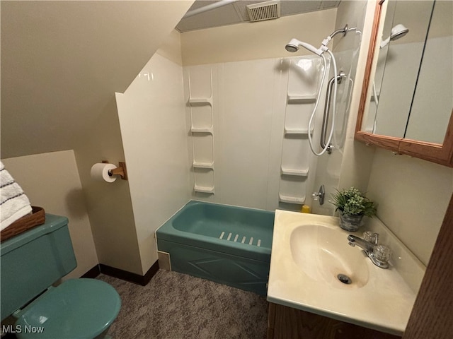 full bathroom featuring  shower combination, vanity, and toilet