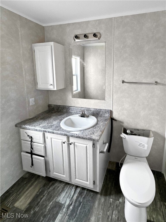 bathroom with wood-type flooring, vanity, toilet, and ornamental molding