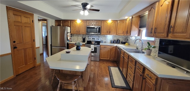 kitchen featuring tasteful backsplash, stainless steel appliances, dark wood-type flooring, sink, and a kitchen island