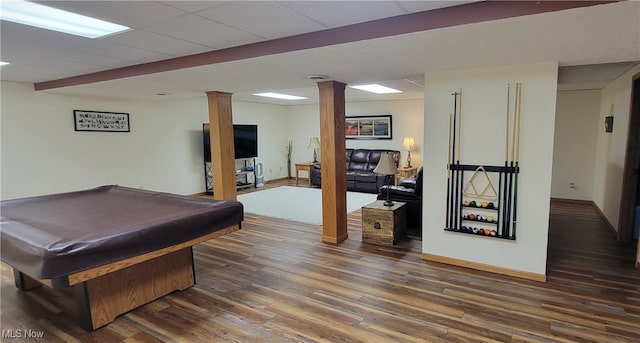 recreation room with ornate columns, dark hardwood / wood-style flooring, and pool table