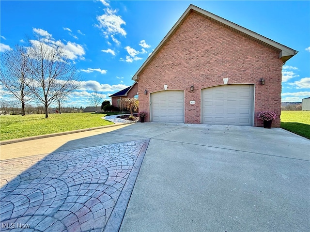 view of property exterior featuring a garage and a lawn