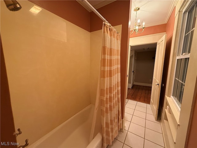 bathroom featuring ornamental molding, tile patterned floors, shower / bathtub combination with curtain, and an inviting chandelier