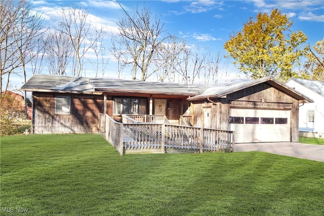 ranch-style house with a front lawn, a porch, and a garage