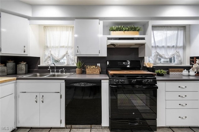 kitchen with white cabinets, a wealth of natural light, sink, and black appliances