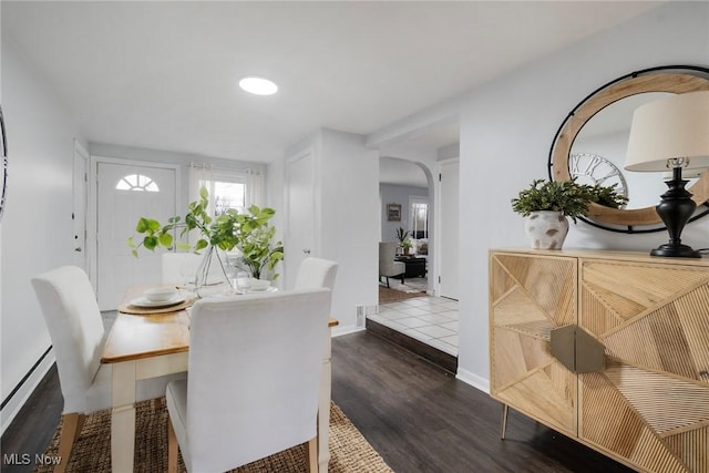 dining space featuring dark hardwood / wood-style floors