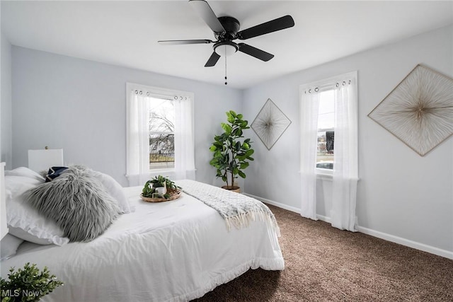 bedroom featuring ceiling fan, carpet floors, and multiple windows