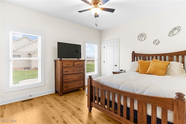 bedroom with ceiling fan and light hardwood / wood-style floors