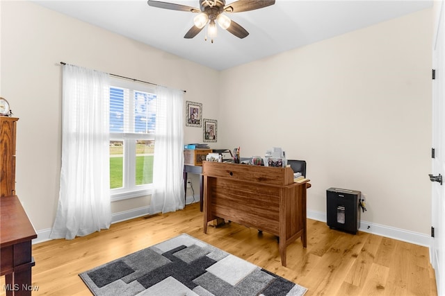 office space featuring light hardwood / wood-style flooring and ceiling fan