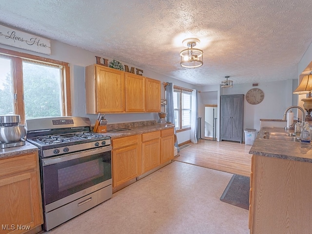 kitchen featuring stainless steel gas stove, light hardwood / wood-style flooring, a healthy amount of sunlight, and sink