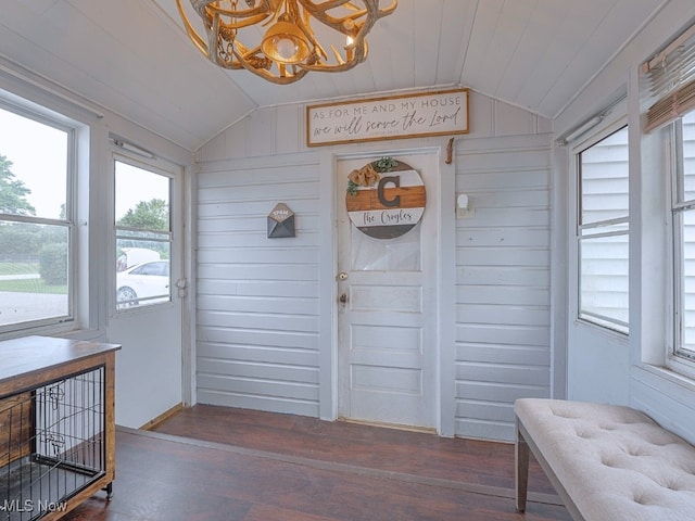 sunroom / solarium with a chandelier, wooden ceiling, and lofted ceiling