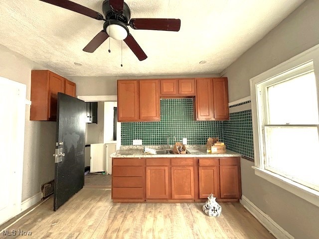 kitchen with sink, light hardwood / wood-style flooring, a wealth of natural light, and ceiling fan