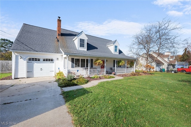 cape cod-style house with covered porch, a front yard, and a garage