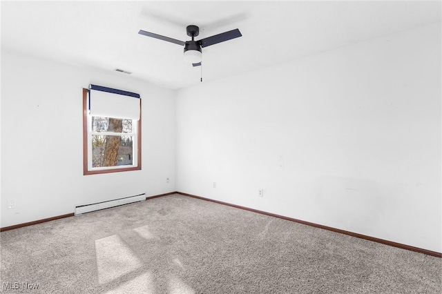 unfurnished room with baseboard heating, ceiling fan, and carpet floors