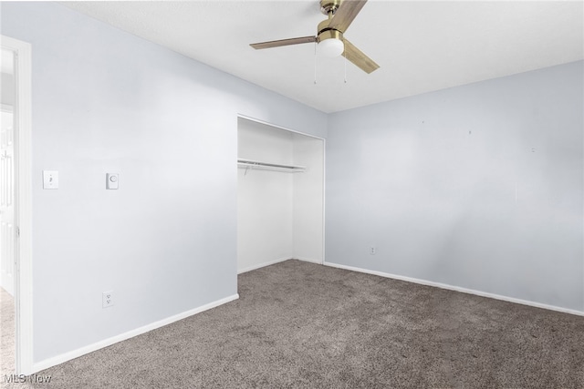 unfurnished bedroom featuring carpet flooring, ceiling fan, and a closet