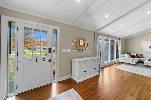 foyer entrance with wooden ceiling, wood-type flooring, and vaulted ceiling with beams