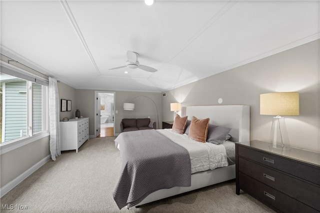 carpeted bedroom with ornamental molding and ceiling fan