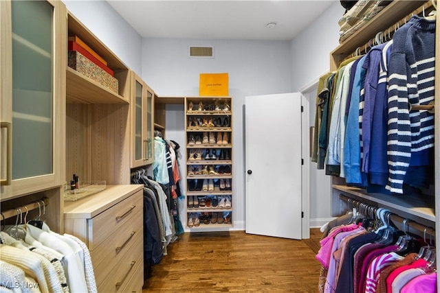 spacious closet with dark hardwood / wood-style floors