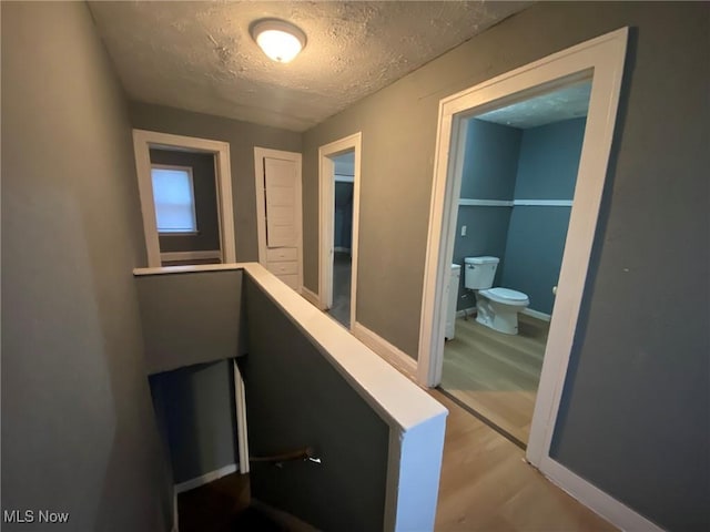 hallway featuring wood-type flooring and a textured ceiling