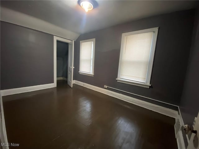 interior space with dark wood-type flooring, vaulted ceiling, and a closet