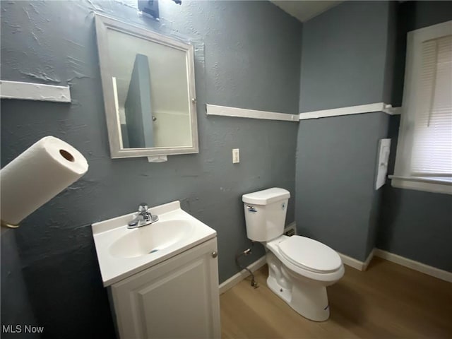 bathroom with vanity, toilet, and wood-type flooring